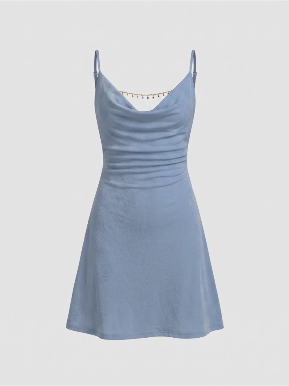 Cider COWL NECK BACKLESS CHAIN RUCHED DETAIL CAMI MINI DRESS - BABY BLUE